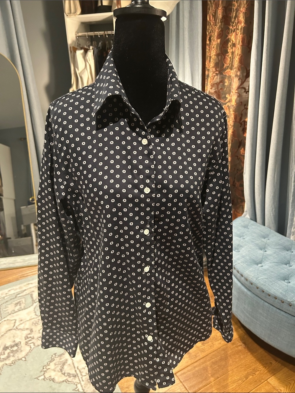 Foxcroft Navy Button-Down Shirt with White Circle Print